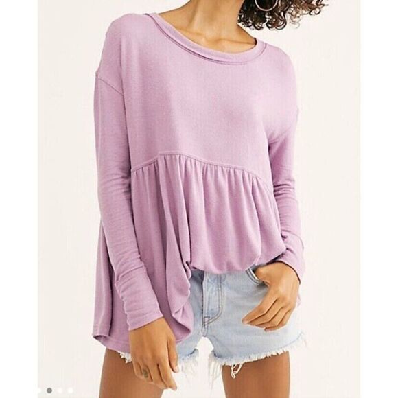 Free People OB1054010 Womens Sz XS Plum Lilac Forever Your Girl Babydoll L/S Top - Picture 1 of 9